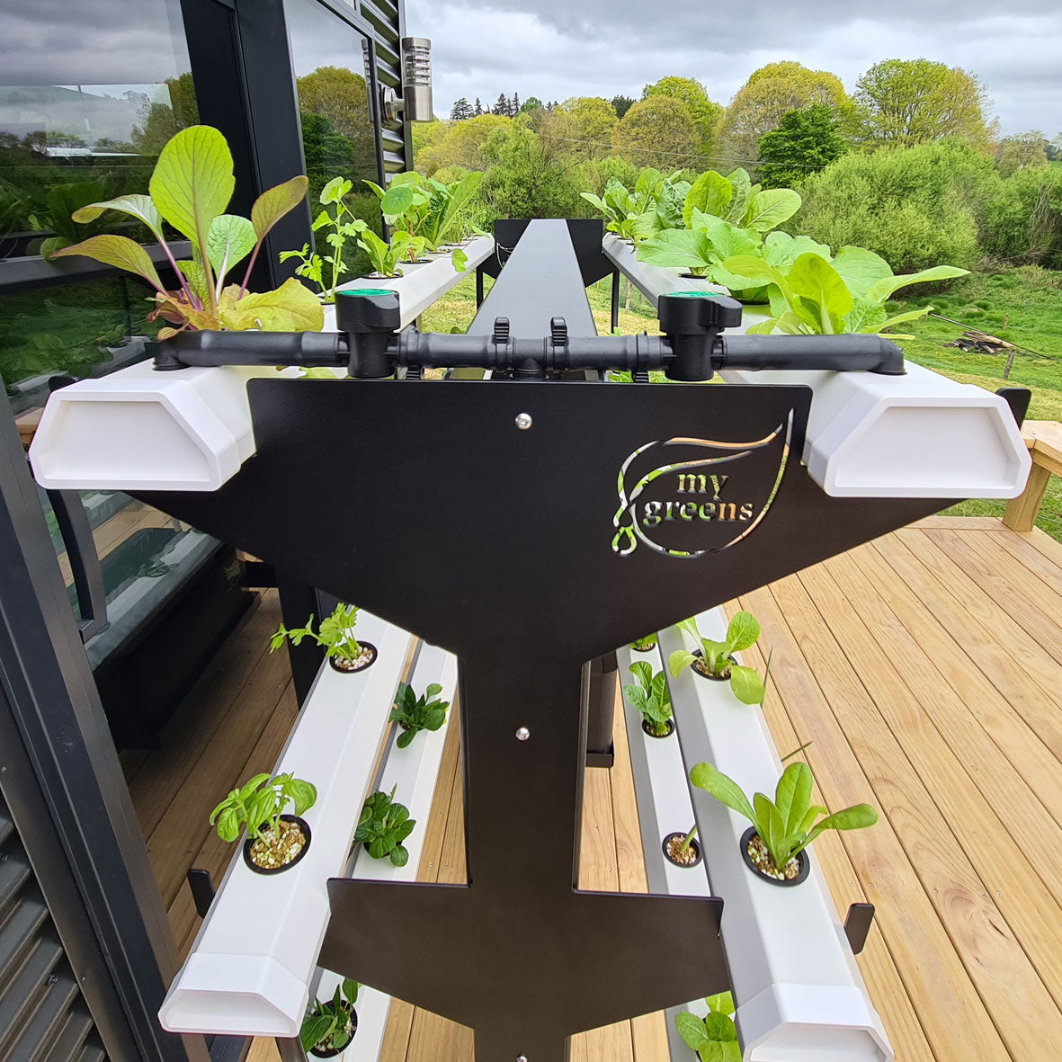 Close up of My Greens Hydroponic NFT System, made in NZ to grow outside.